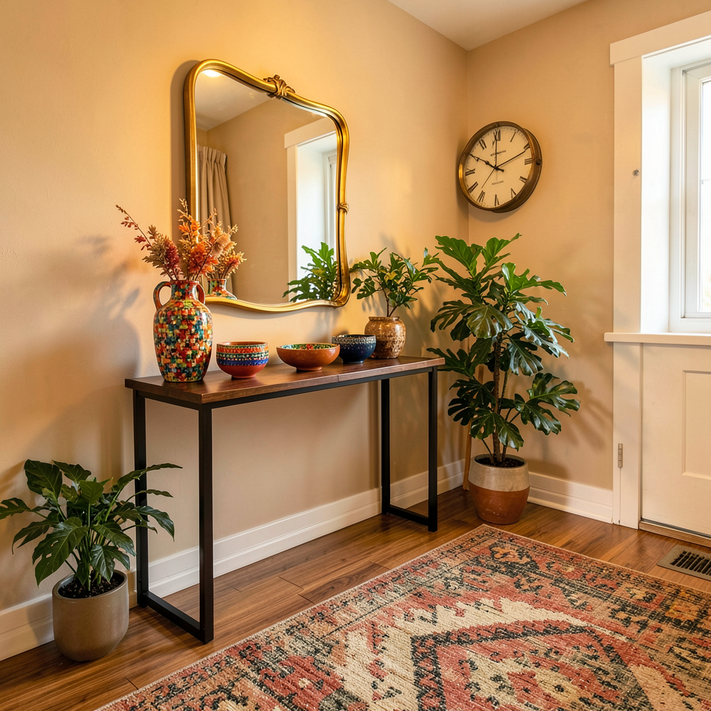 Entrée décorée avec meuble multifonction et espace de rangement