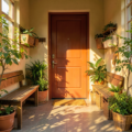 Vue de l'entrée aménagée avec meuble design et rangement optimal