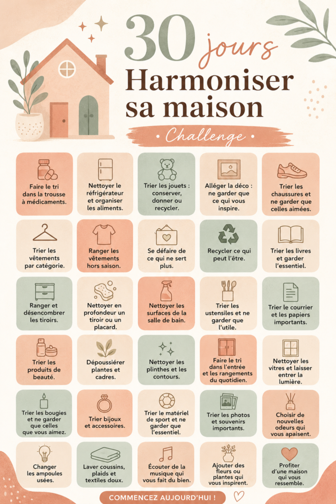 Une maison chaleureuse et harmonieusement décorée, prête pour le défi de 30 jours.