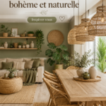 Un intérieur chaleureux avec une ambiance bohème et naturelle aux textiles colorés et aux plantes.