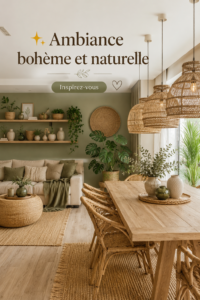 Un intérieur chaleureux avec une ambiance bohème et naturelle aux textiles colorés et aux plantes.