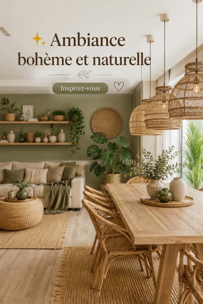 Un intérieur chaleureux avec une ambiance bohème et naturelle aux textiles colorés et aux plantes.