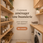 Buanderie bien aménagée avec des rangements optimisés et une décoration moderne.