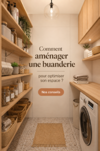 Buanderie bien aménagée avec des rangements optimisés et une décoration moderne.