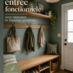 Un hall d'entrée bien aménagé avec un porte-manteau et des étagères ouvertes.