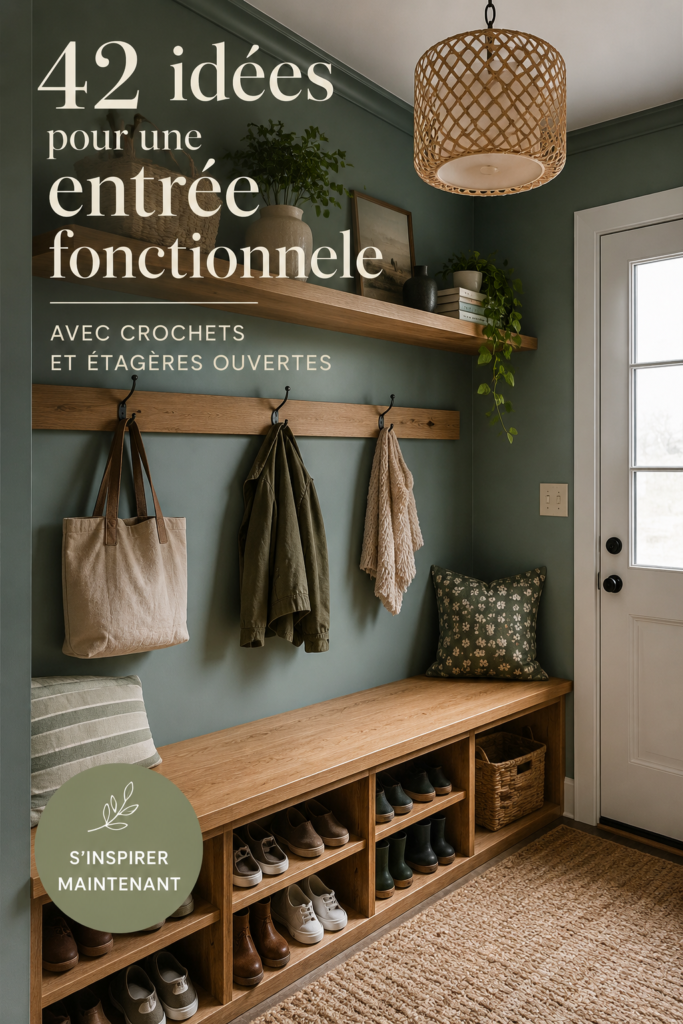 Un hall d'entrée bien aménagé avec un porte-manteau et des étagères ouvertes.