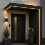 Auvent moderne en aluminium avec éclairage LED à l'entrée d'une maison