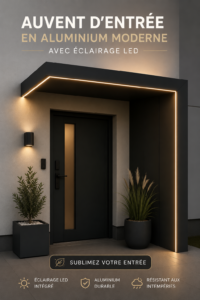 Auvent moderne en aluminium avec éclairage LED à l'entrée d'une maison