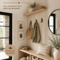Un élégant banc d'entrée en bois dans une maison de style moderne, décoré avec des coussins confortables.