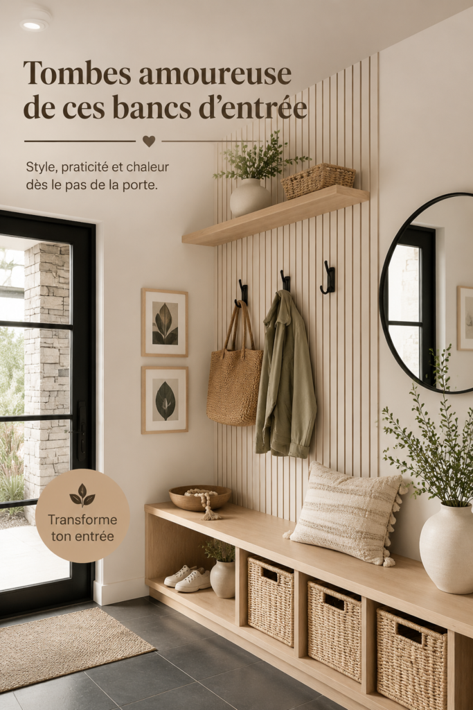 Un élégant banc d'entrée en bois dans une maison de style moderne, décoré avec des coussins confortables.