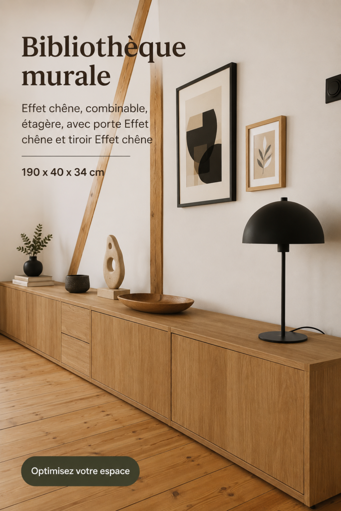 Vue d'une bibliothèque murale effet chêne stylée avec des livres et accessoires décoratifs