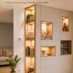 Bibliothèque sur mesure élégante et fonctionnelle dans un intérieur moderne.