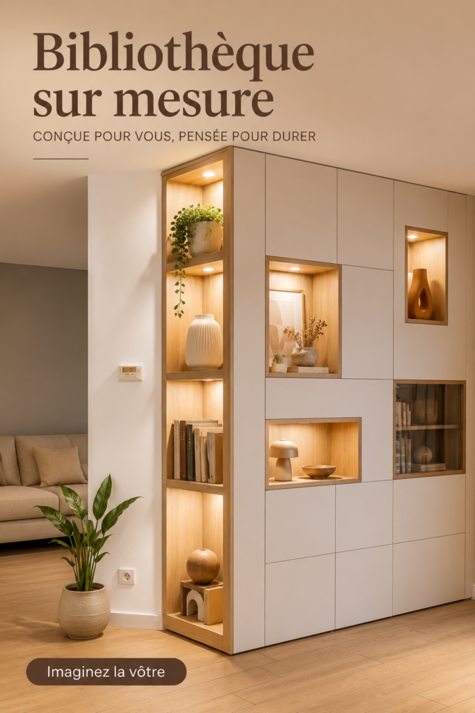 Bibliothèque sur mesure élégante et fonctionnelle dans un intérieur moderne.