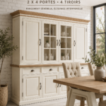Buffet vaisselier en bois dans un salon moderne, offrant espace et style.