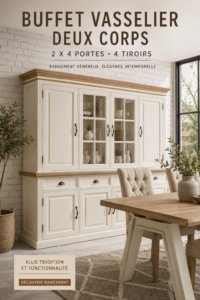 Buffet vaisselier en bois dans un salon moderne, offrant espace et style.