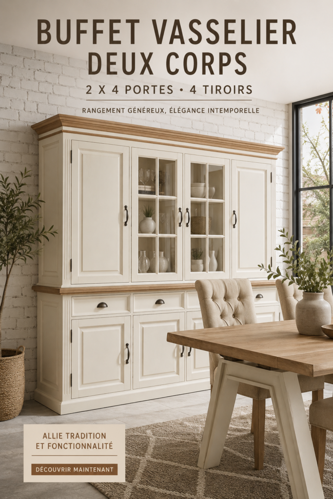 Buffet vaisselier en bois dans un salon moderne, offrant espace et style.