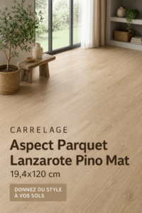 Carrelage imitation parquet en large dallage dans une pièce moderne.