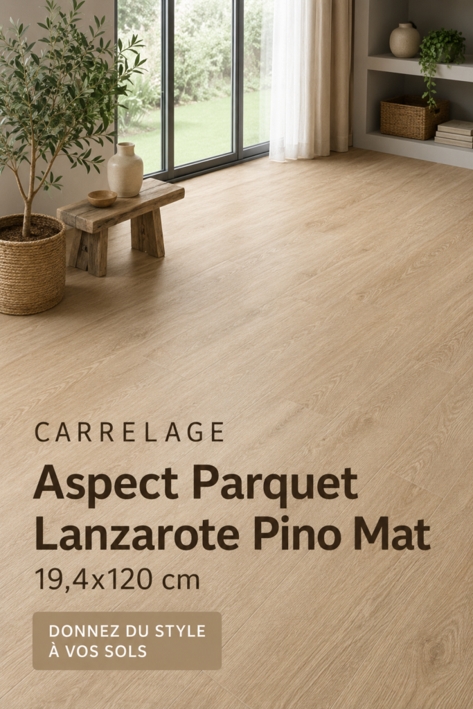 Carrelage imitation parquet en large dallage dans une pièce moderne.