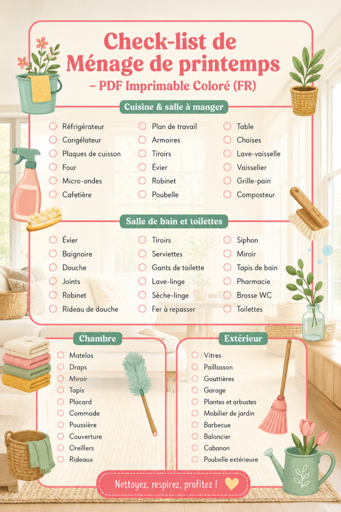 Check-list de ménage de printemps imprimable et colorée