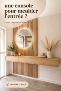 Une belle console en bois décorée dans une entrée chaleureuse