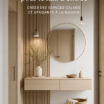 Couloir décoré dans un style scandinave avec des tons neutres et des matériaux naturels.