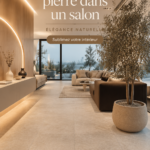 Salon moderne avec des dalles à effet pierre élégantes.