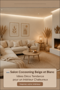 Salon cocooning en beige et blanc avec des coussins et des plantes.