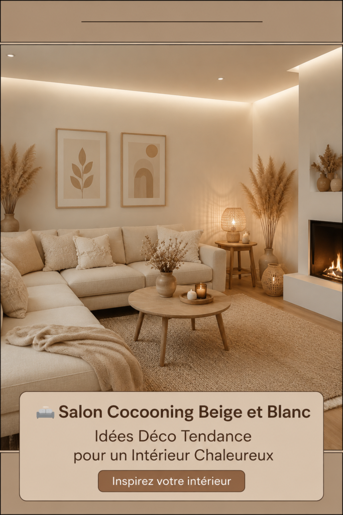 Salon cocooning en beige et blanc avec des coussins et des plantes.