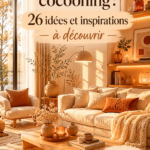 Salon cosy avec une décoration cocooning chaleureuse, incluant des coussins et des plaids.
