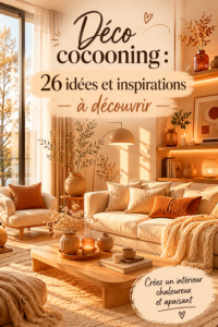 Salon cosy avec une décoration cocooning chaleureuse, incluant des coussins et des plaids.