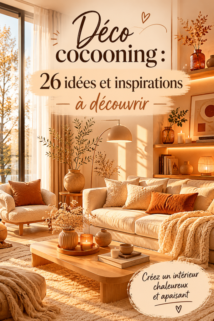 Salon cosy avec une décoration cocooning chaleureuse, incluant des coussins et des plaids.