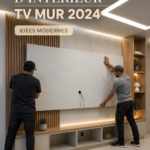 Un mur TV décoré avec des étagères modernes et des œuvres d'art