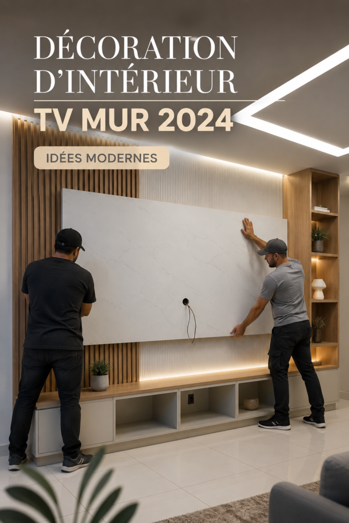 Un mur TV décoré avec des étagères modernes et des œuvres d'art