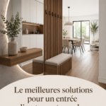 Espace d'entrée intégré dans un salon moderne avec des accessoires décoratifs chaleureux.
