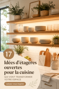 Cuisine avec des étagères ouvertes décorées avec soin et élégance.