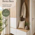 Garde-robe Ikea Besta intégrée dans un salon moderne avec des touches de couleur.