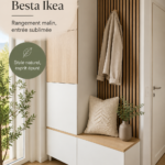 Garde-robe Ikea Besta intégrée dans un salon moderne avec des touches de couleur.
