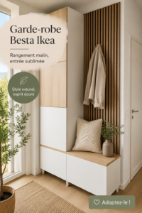 Garde-robe Ikea Besta intégrée dans un salon moderne avec des touches de couleur.