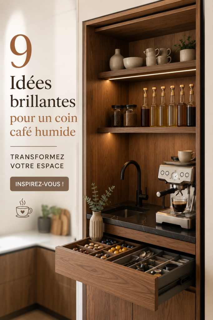Espace bar à café moderne et chaleureux avec des tasses et des accessoires de café.