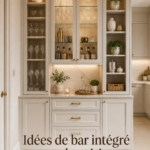 Un bar à domicile élégant avec des bouteilles bien rangées et une ambiance accueillante.