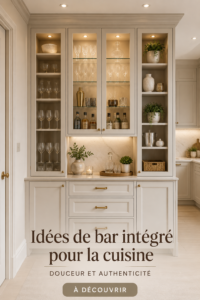 Un bar à domicile élégant avec des bouteilles bien rangées et une ambiance accueillante.