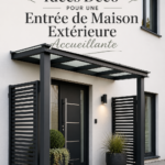 Entrée extérieure accueillante avec fleurs et mobilier décoratif