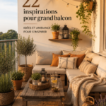 Grand balcon d'appartement joliment aménagé avec des plantes et des fauteuils.
