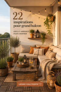 Grand balcon d'appartement joliment aménagé avec des plantes et des fauteuils.