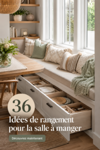 Salle à manger avec un système de rangement élégant et pratique, optimisant l'espace.