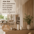 Un salon moderne avec un séparateur en bois qui crée des zones distinctes.