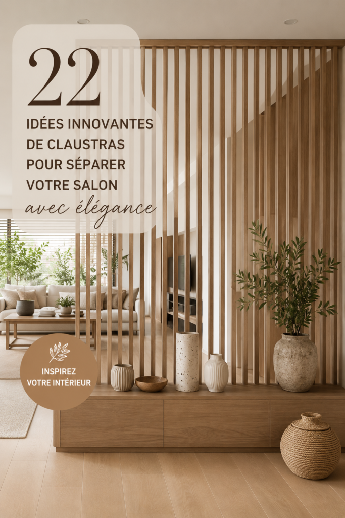 Un salon moderne avec un séparateur en bois qui crée des zones distinctes.