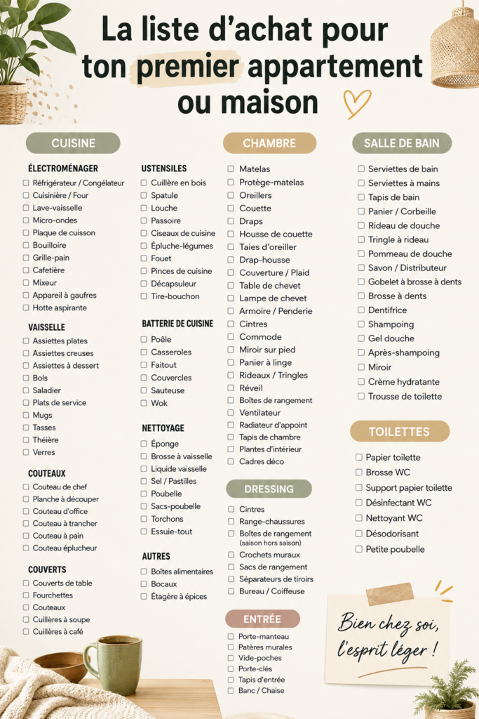Liste d'hachats pour un premier appartement avec des éléments pratiques