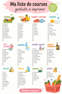 Une liste de courses imprimée sur une table avec des produits alimentaires frais autour