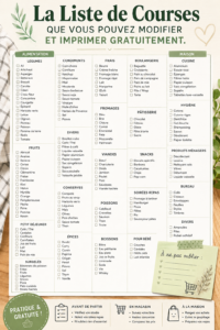 Modèle de liste de courses imprimable sur une table en bois